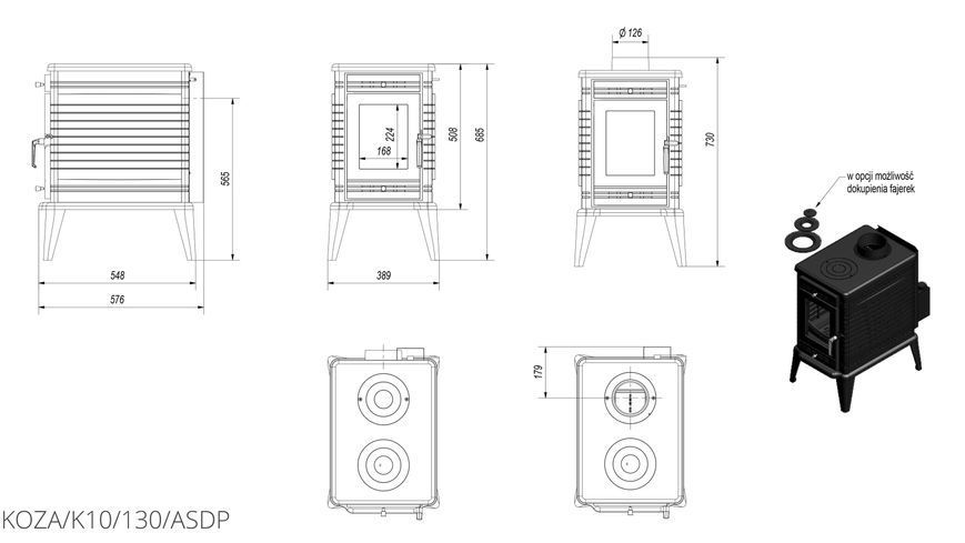 Чавунна піч-камін Kratki KOZA K10 &Oslash; 130 ASDP (10,0 кВт) KOZA/K10/130/ASDP фото