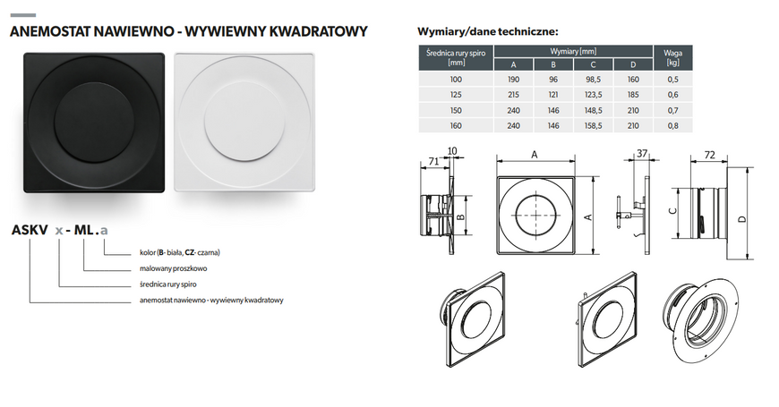 Анемостат квадратний металевий Darco ASKV150-ML.B (білий) ASKV150-ML.B фото