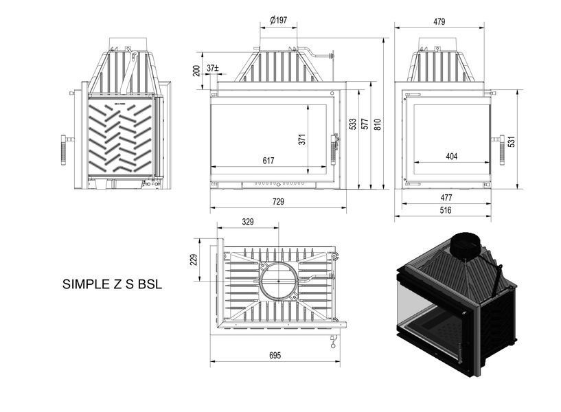 Камінна топка Kratki SIMPLE Z/S 16 ліва BS (16,0 кВт) SIMPLE/Z/S/L/BS фото